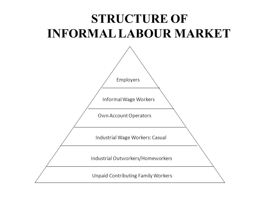 STRUCTURE OF INFORMAL LABOUR MARKET Unpaid Contributing Family Workers Industrial Outworkers/Homeworkers Industrial Wage Workers: Casual Own Account Operators Informal Wage Workers Employers
