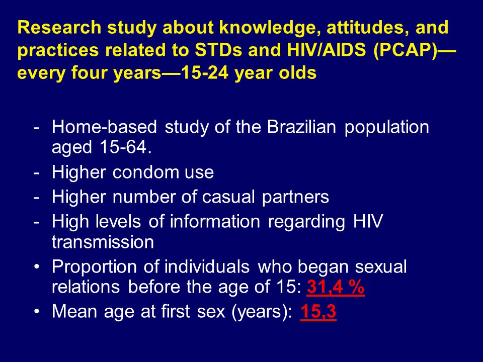 Research study about knowledge, attitudes, and practices related to STDs and HIV/AIDS (PCAP)— every four years—15-24 year olds -Home-based study of the Brazilian population aged