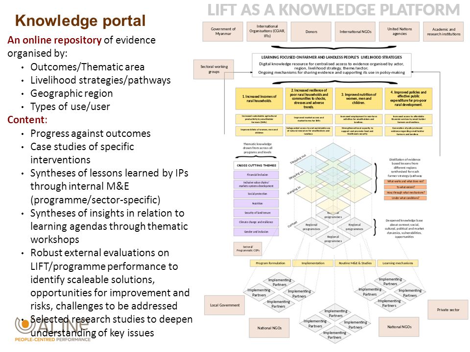 An online repository of evidence organised by: Outcomes/Thematic area Livelihood strategies/pathways Geographic region Types of use/user Content: Progress against outcomes Case studies of specific interventions Syntheses of lessons learned by IPs through internal M&E (programme/sector-specific) Syntheses of insights in relation to learning agendas through thematic workshops Robust external evaluations on LIFT/programme performance to identify scaleable solutions, opportunities for improvement and risks, challenges to be addressed Selected research studies to deepen understanding of key issues Knowledge portal
