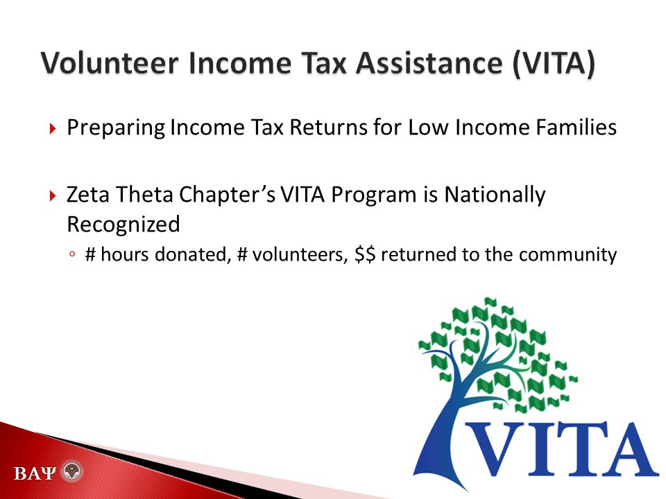   Preparing Income Tax Returns for Low Income Families  Zeta Theta Chapter’s VITA Program is Nationally Recognized ◦ # hours donated, # volunteers, $$ returned to the community