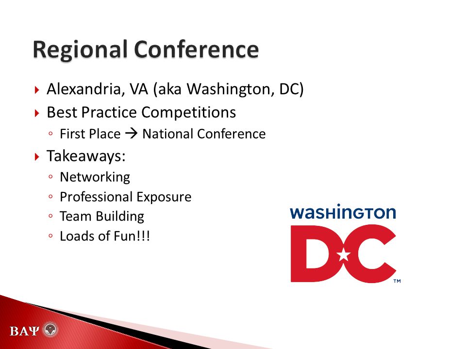   Alexandria, VA (aka Washington, DC)  Best Practice Competitions ◦ First Place  National Conference  Takeaways: ◦ Networking ◦ Professional Exposure ◦ Team Building ◦ Loads of Fun!!!