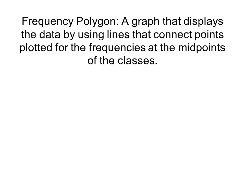 Frequency Polygon: A graph that displays the data by using lines that connect points plotted for the frequencies at the midpoints of the classes.