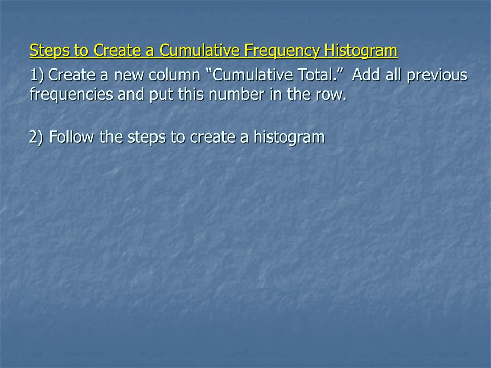 Steps to Create a Cumulative Frequency Histogram 1)C reate a new column Cumulative Total. Add all previous frequencies and put this number in the row.
