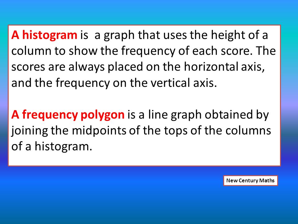 A histogram is a graph that uses the height of a column to show the frequency of each score.