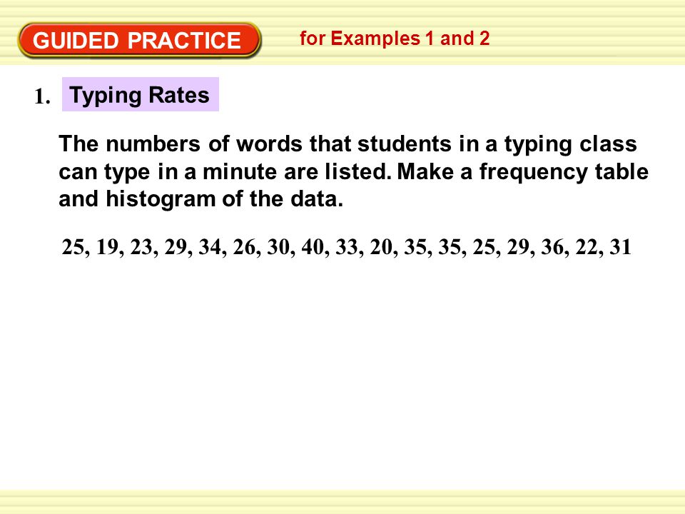 GUIDED PRACTICE for Examples 1 and 2 The numbers of words that students in a typing class can type in a minute are listed.