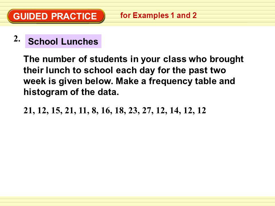 GUIDED PRACTICE The number of students in your class who brought their lunch to school each day for the past two week is given below.