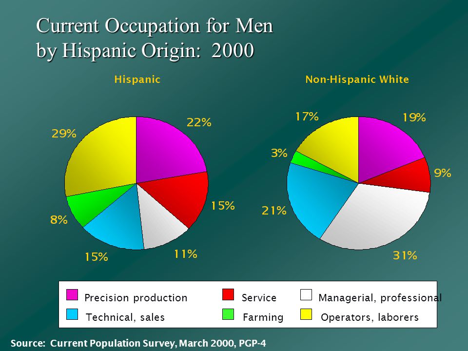 Current Occupation for Men by Hispanic Origin: 2000 HispanicNon-Hispanic White ServicePrecision production Farming Managerial, professional Technical, salesOperators, laborers Source: Current Population Survey, March 2000, PGP-4