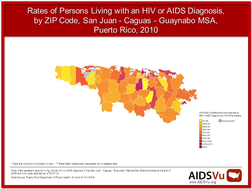 Rates of Persons Living with an HIV or AIDS Diagnosis, by ZIP Code, San Juan - Caguas - Guaynabo MSA, Puerto Rico, 2010 Note.