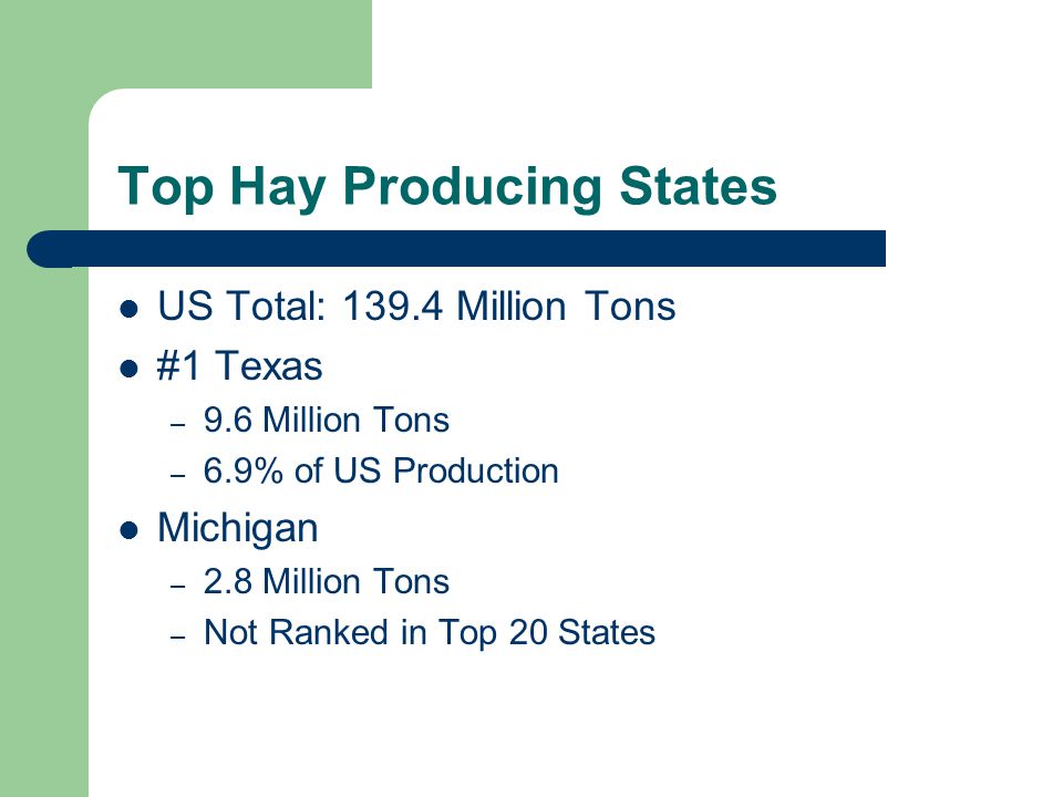 US Total: Million Tons #1 Texas – 9.6 Million Tons – 6.9% of US Production Michigan – 2.8 Million Tons – Not Ranked in Top 20 States