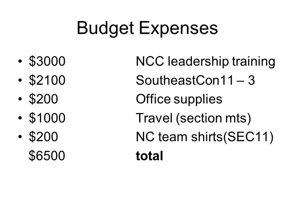 Budget Expenses $3000NCC leadership training $2100SoutheastCon11 – 3 $200Office supplies $1000Travel (section mts) $200NC team shirts(SEC11) $6500total
