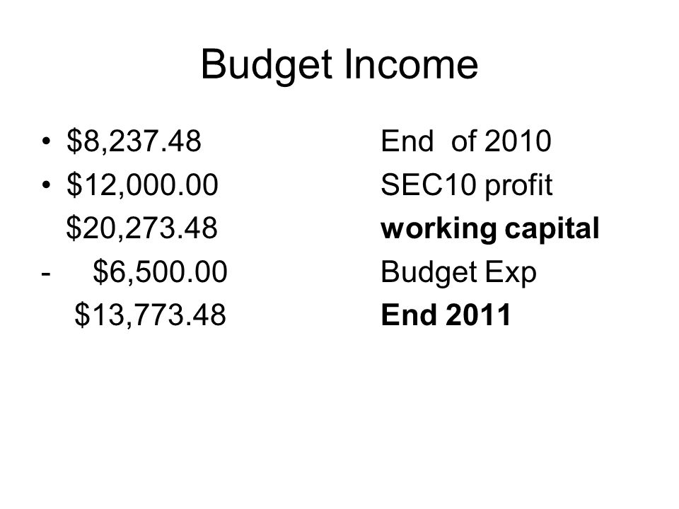 Budget Income $8,237.48End of 2010 $12,000.00SEC10 profit $20, working capital - $6,500.00Budget Exp $13, End 2011