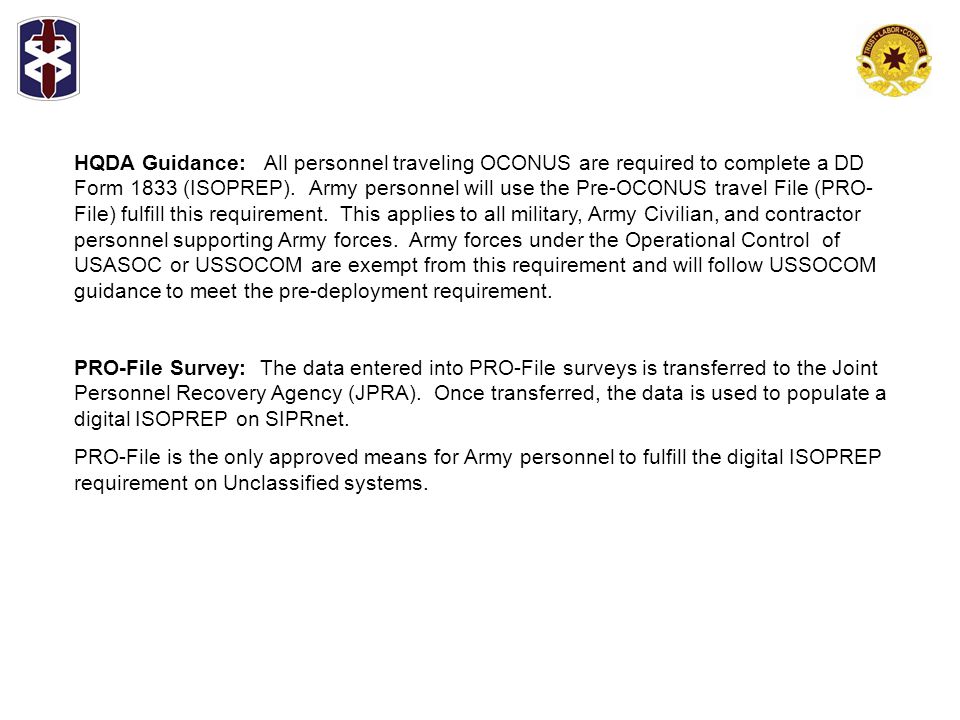 1 mandatory training 18 th medical command ds 2 training dd form 1833 isoprep