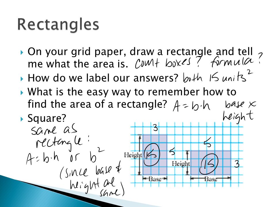  On your grid paper, draw a rectangle and tell me what the area is.
