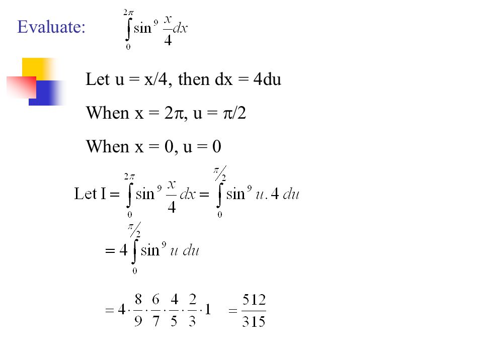 Evaluate: Let u = x/4, then dx = 4du When x = 2 , u =  /2 When x = 0, u = 0