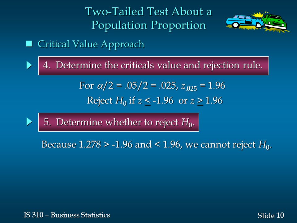 10 Slide IS 310 – Business Statistics Two-Tailed Test About a Population Proportion Critical Value Approach Critical Value Approach 5.