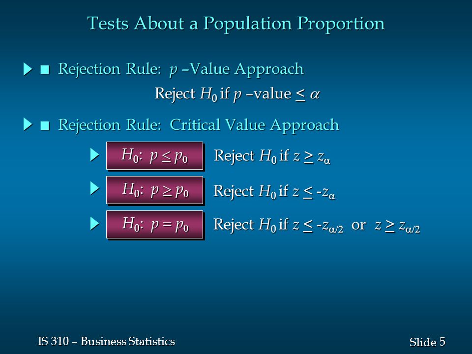 5 5 Slide IS 310 – Business Statistics n Rejection Rule: p –Value Approach H 0 : p  p  Reject H 0 if z > z  Reject H 0 if z < - z  Reject H 0 if z z  H 0 : p  p  H 0 : p  p  Tests About a Population Proportion Reject H 0 if p –value <  n Rejection Rule: Critical Value Approach