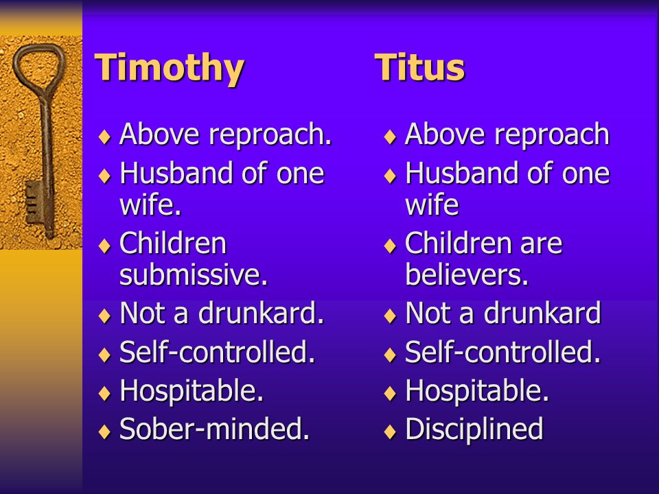 Timothy Titus  Above reproach.  Husband of one wife.