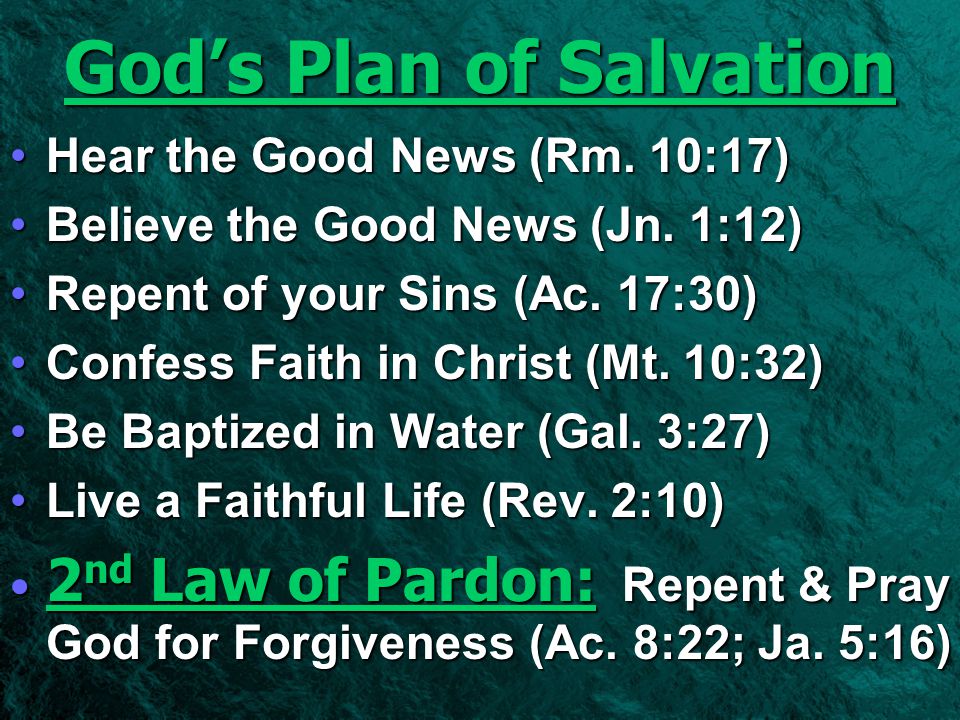 God’s Plan of Salvation Hear the Good News (Rm. 10:17) Believe the Good News (Jn.