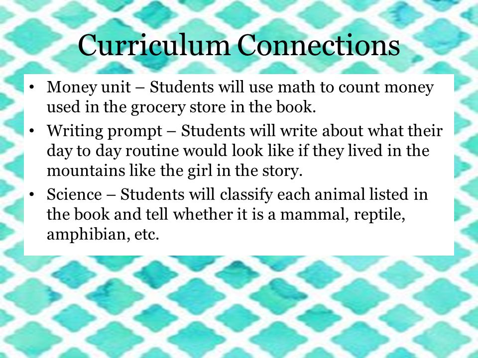 Curriculum Connections Money unit – Students will use math to count money used in the grocery store in the book.