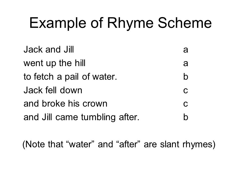 Example of Rhyme Scheme Jack and Jill a went up the hilla to fetch a pail of water.b Jack fell downc and broke his crownc and Jill came tumbling after.b (Note that water and after are slant rhymes)