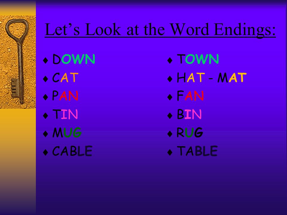 Let’s Look at the Word Endings:  DOWN  CAT  PAN  TIN  MUG  CABLE  TOWN  HAT - MAT  FAN  BIN  RUG  TABLE