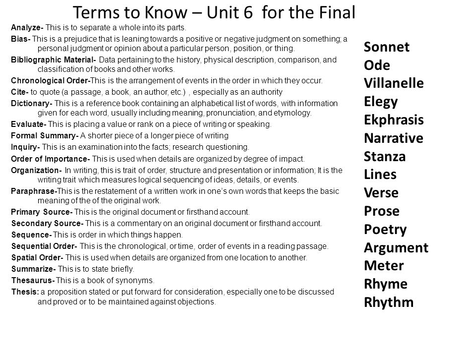 Terms to Know – Unit 6 for the Final Analyze- This is to separate a whole into its parts.