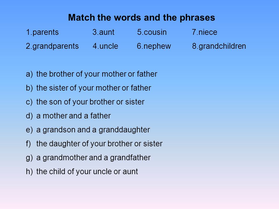 Match the words and the phrases 1.parents 3.aunt 5.cousin 7.niece 2.grandparents 4.uncle 6.nephew 8.grandchildren a)the brother of your mother or father b)the sister of your mother or father c)the son of your brother or sister d)a mother and a father e)a grandson and a granddaughter f)the daughter of your brother or sister g)a grandmother and a grandfather h)the child of your uncle or aunt