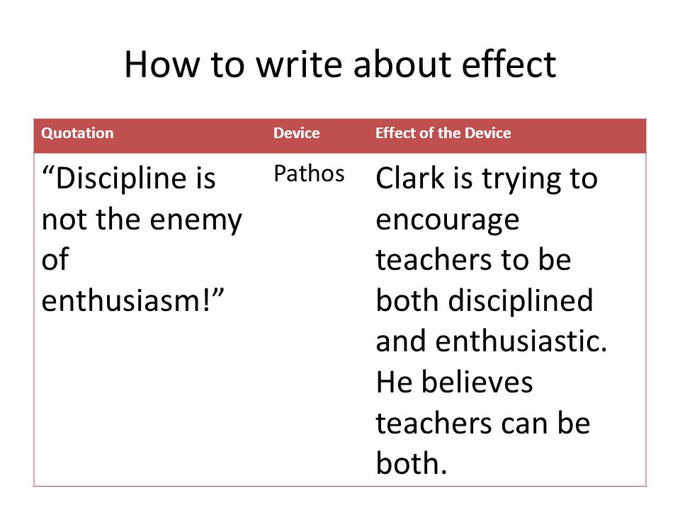 How to write about effect QuotationDeviceEffect of the Device Discipline is not the enemy of enthusiasm! Pathos Clark is trying to encourage teachers to be both disciplined and enthusiastic.