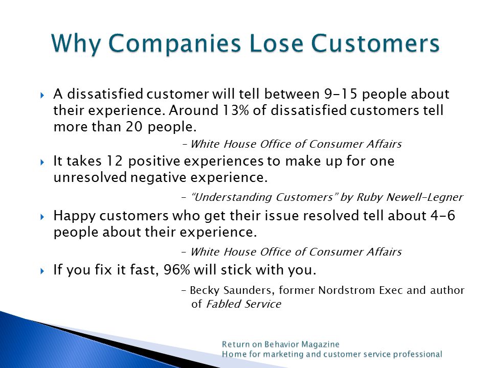  A dissatisfied customer will tell between 9-15 people about their experience.