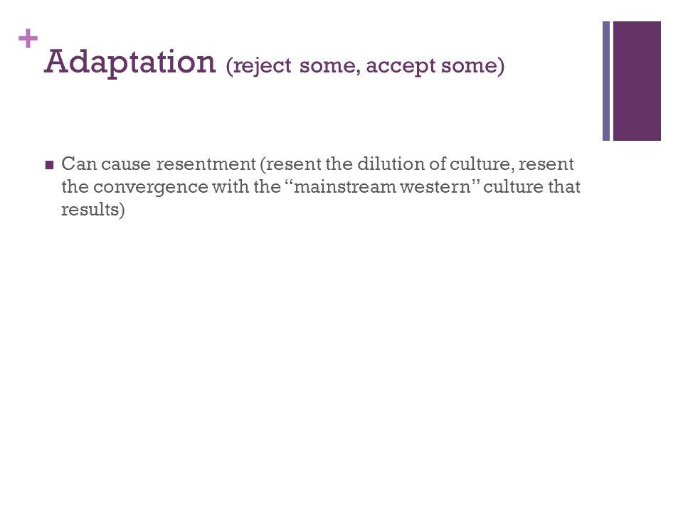 + Adaptation (reject some, accept some) Can cause resentment (resent the dilution of culture, resent the convergence with the mainstream western culture that results)