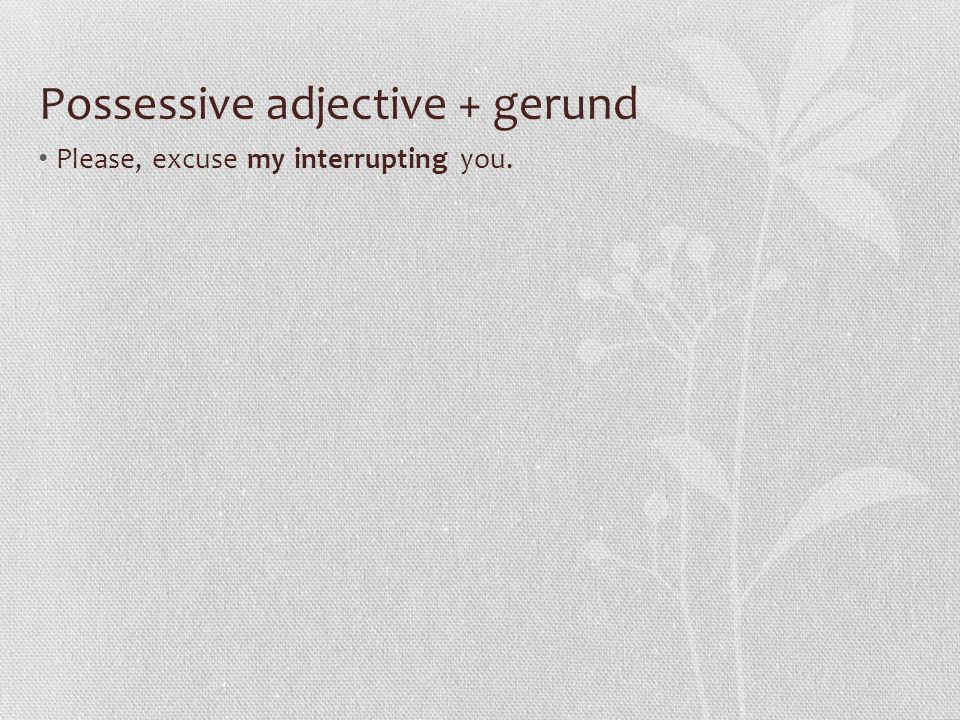 Possessive adjective + gerund Please, excuse my interrupting you.
