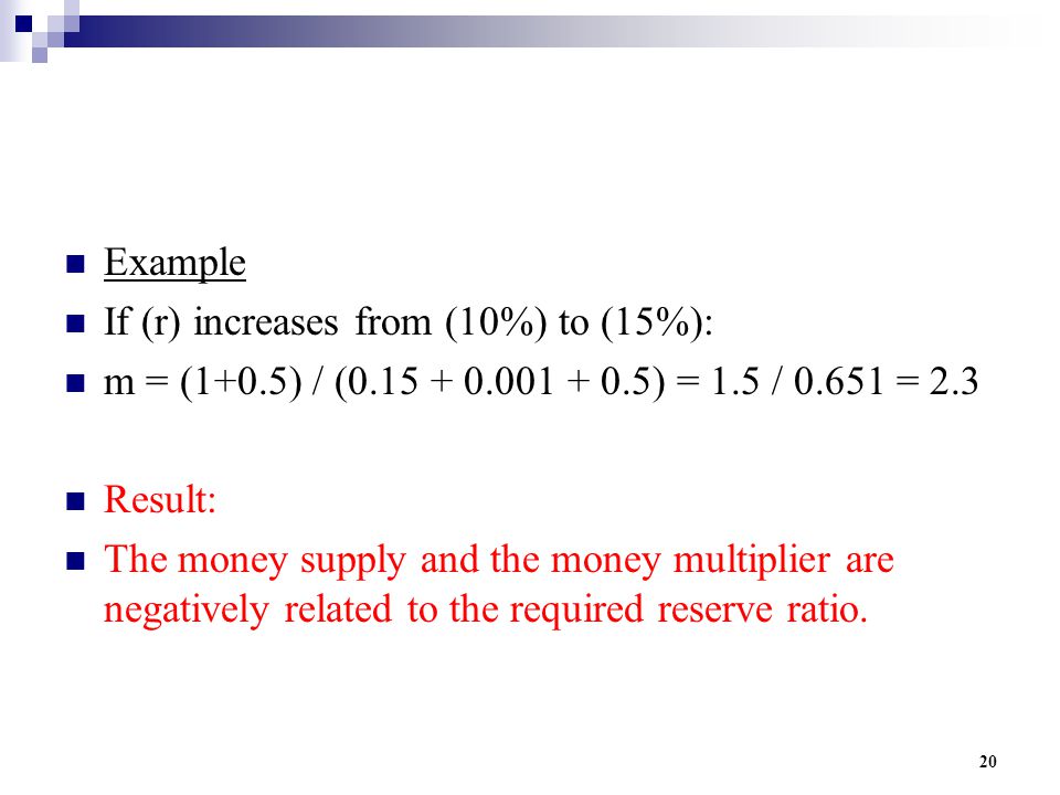 20 Example If (r) increases from (10%) to (15%): m = (1+0.5) / ( ) = 1.5 / = 2.3 Result: The money supply and the money multiplier are negatively related to the required reserve ratio.