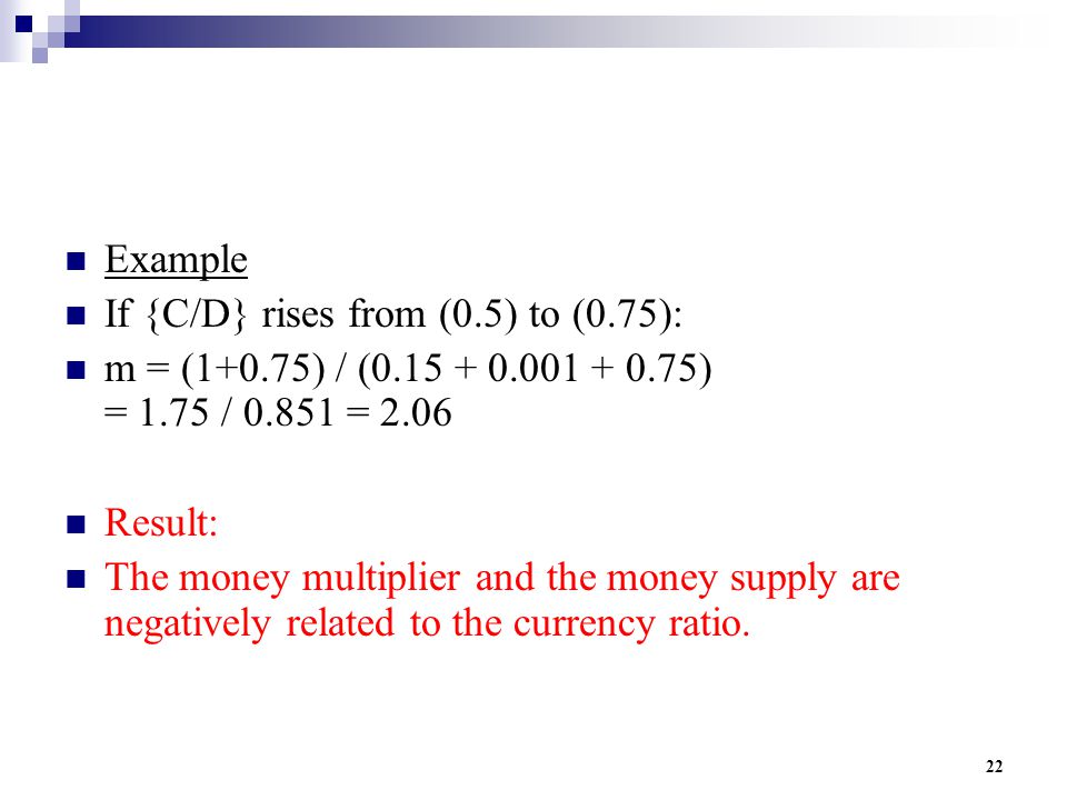 22 Example If {C/D} rises from (0.5) to (0.75): m = (1+0.75) / ( ) = 1.75 / = 2.06 Result: The money multiplier and the money supply are negatively related to the currency ratio.