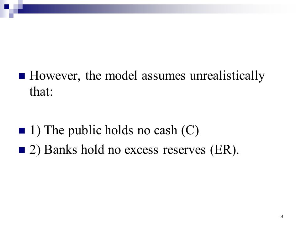 3 However, the model assumes unrealistically that: 1) The public holds no cash (C) 2) Banks hold no excess reserves (ER).