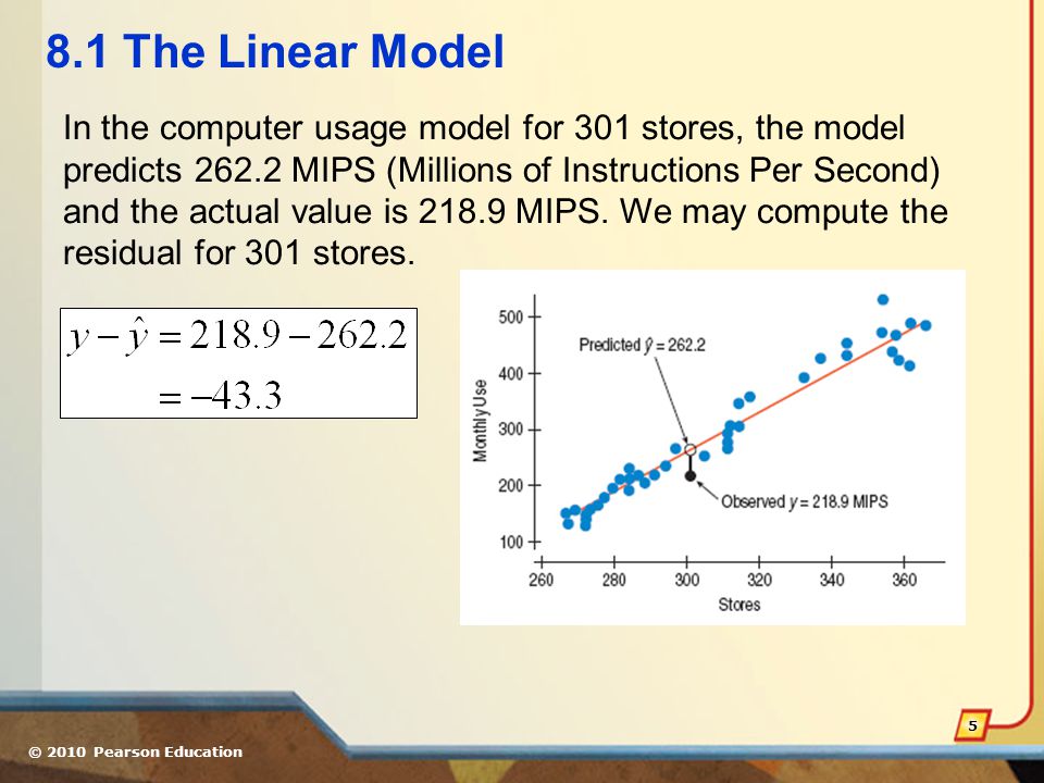 © 2010 Pearson Education The Linear Model In the computer usage model for 301 stores, the model predicts MIPS (Millions of Instructions Per Second) and the actual value is MIPS.