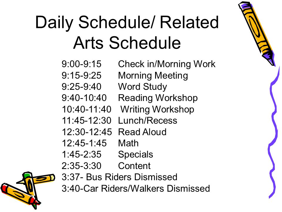 Daily Schedule/ Related Arts Schedule 9:00-9:15 Check in/Morning Work 9:15-9:25Morning Meeting 9:25-9:40Word Study 9:40-10:40Reading Workshop 10:40-11:40 Writing Workshop 11:45-12:30Lunch/Recess 12:30-12:45Read Aloud 12:45-1:45Math 1:45-2:35Specials 2:35-3:30Content 3:37- Bus Riders Dismissed 3:40-Car Riders/Walkers Dismissed