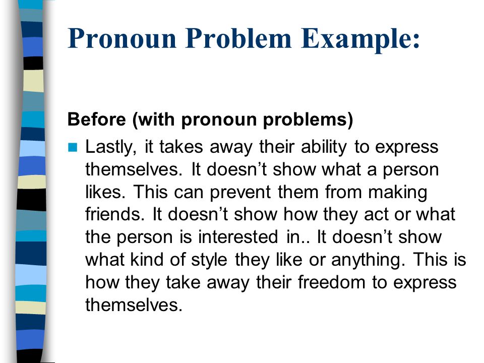 Pronoun Problem Example: Before (with pronoun problems) Lastly, it takes away their ability to express themselves.