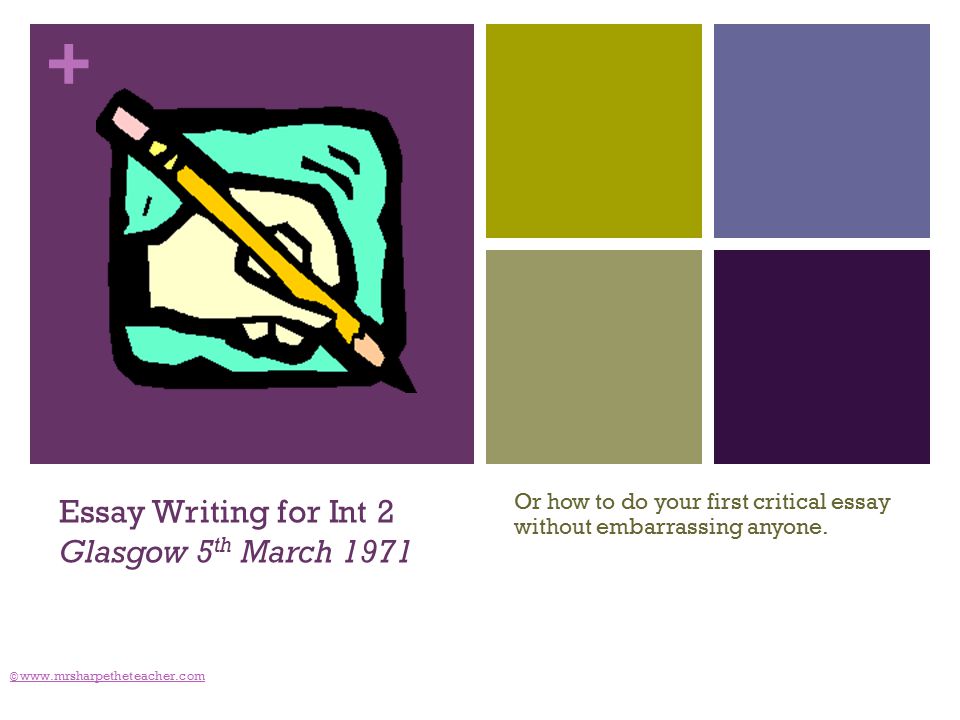 + ©   Essay Writing for Int 2 Glasgow 5 th March 1971 Or how to do your first critical essay without embarrassing anyone.