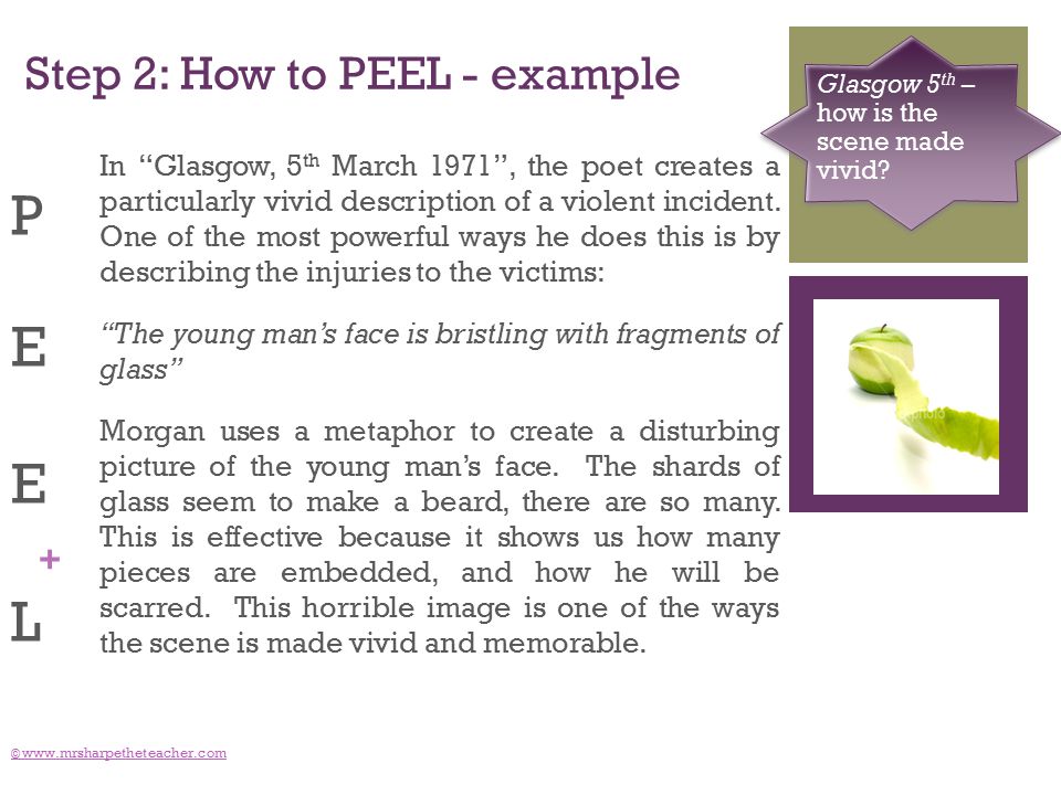 + Step 2: How to PEEL - example ©   Glasgow 5 th – how is the scene made vivid.