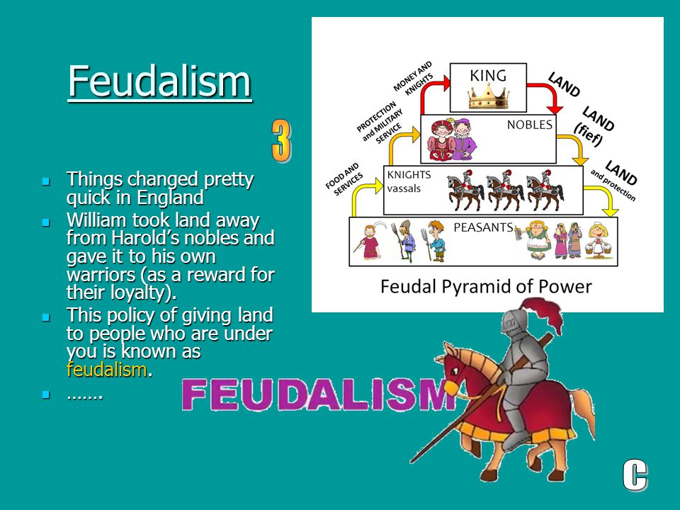 Feudalism Feudalism Things changed pretty quick in England Things changed pretty quick in England William took land away from Harold’s nobles and gave it to his own warriors (as a reward for their loyalty).