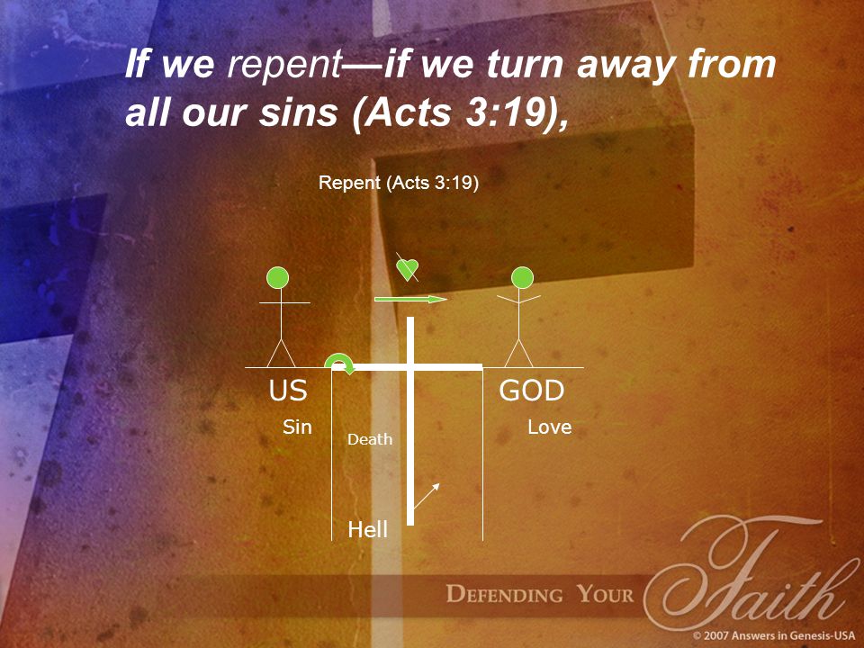If we repent—if we turn away from all our sins (Acts 3:19), USGOD Sin Death Hell Love Repent (Acts 3:19)