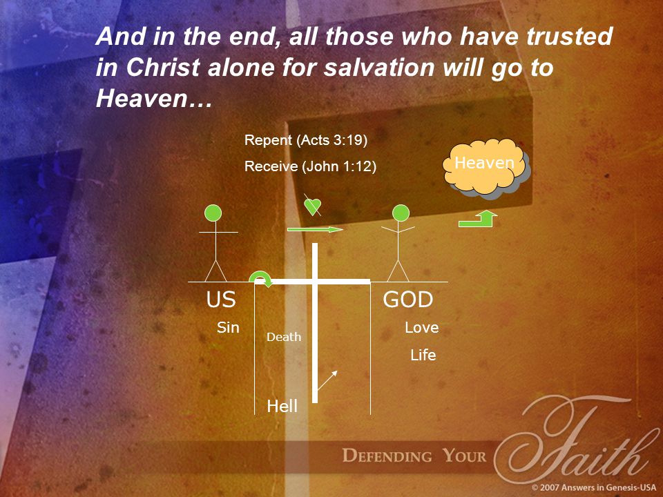 And in the end, all those who have trusted in Christ alone for salvation will go to Heaven… USGOD Sin Death Hell Love Repent (Acts 3:19) Receive (John 1:12) Life Heaven
