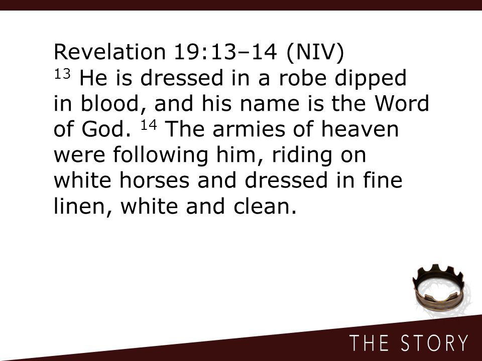 Revelation 19:13–14 (NIV) 13 He is dressed in a robe dipped in blood, and his name is the Word of God.
