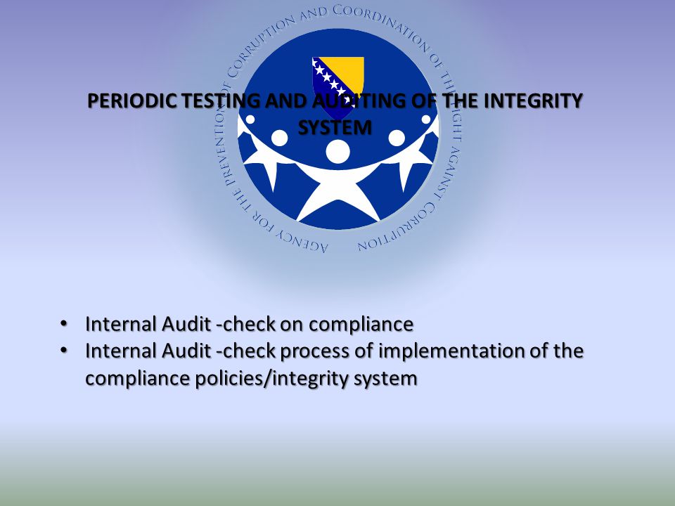 PERIODIC TESTING AND AUDITING OF THE INTEGRITY SYSTEM Internal Audit -check on compliance Internal Audit -check on compliance Internal Audit -check process of implementation of the compliance policies/integrity system Internal Audit -check process of implementation of the compliance policies/integrity system