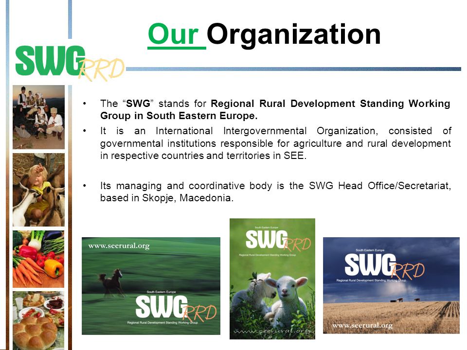 Our Organization The SWG stands for Regional Rural Development Standing Working Group in South Eastern Europe.