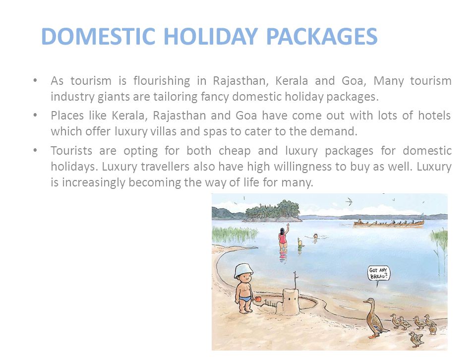 DOMESTIC HOLIDAY PACKAGES As tourism is flourishing in Rajasthan, Kerala and Goa, Many tourism industry giants are tailoring fancy domestic holiday packages.