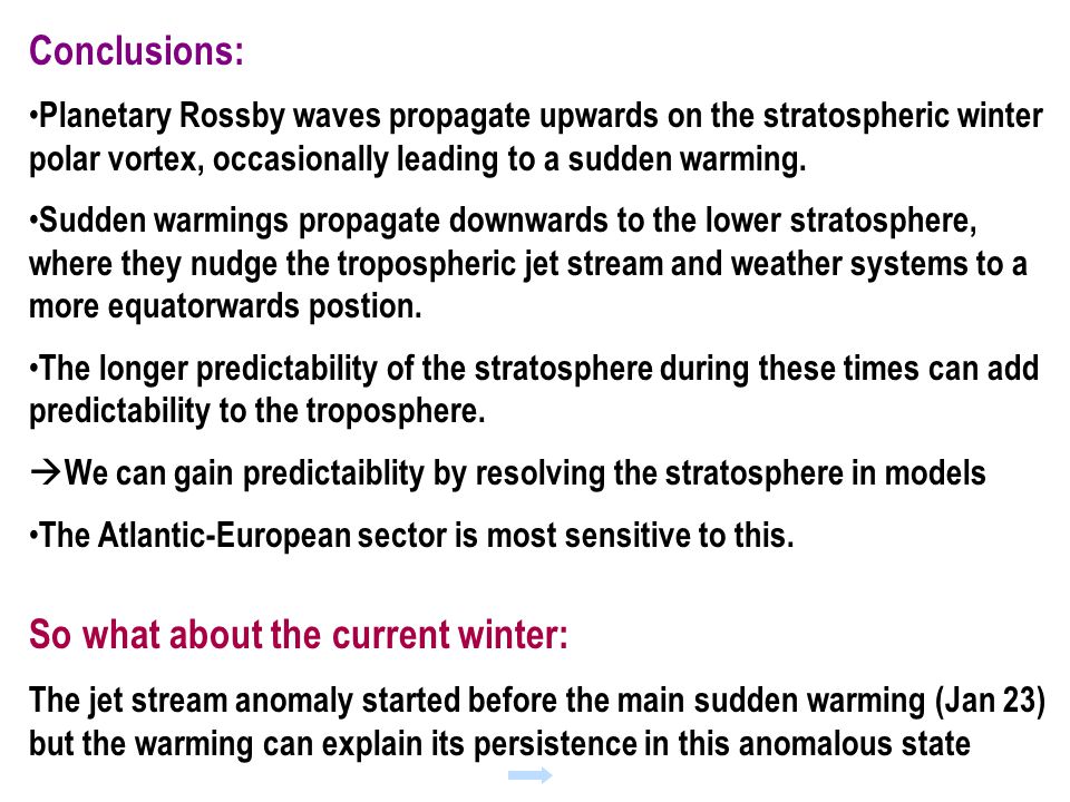 Conclusions: Planetary Rossby waves propagate upwards on the stratospheric winter polar vortex, occasionally leading to a sudden warming.