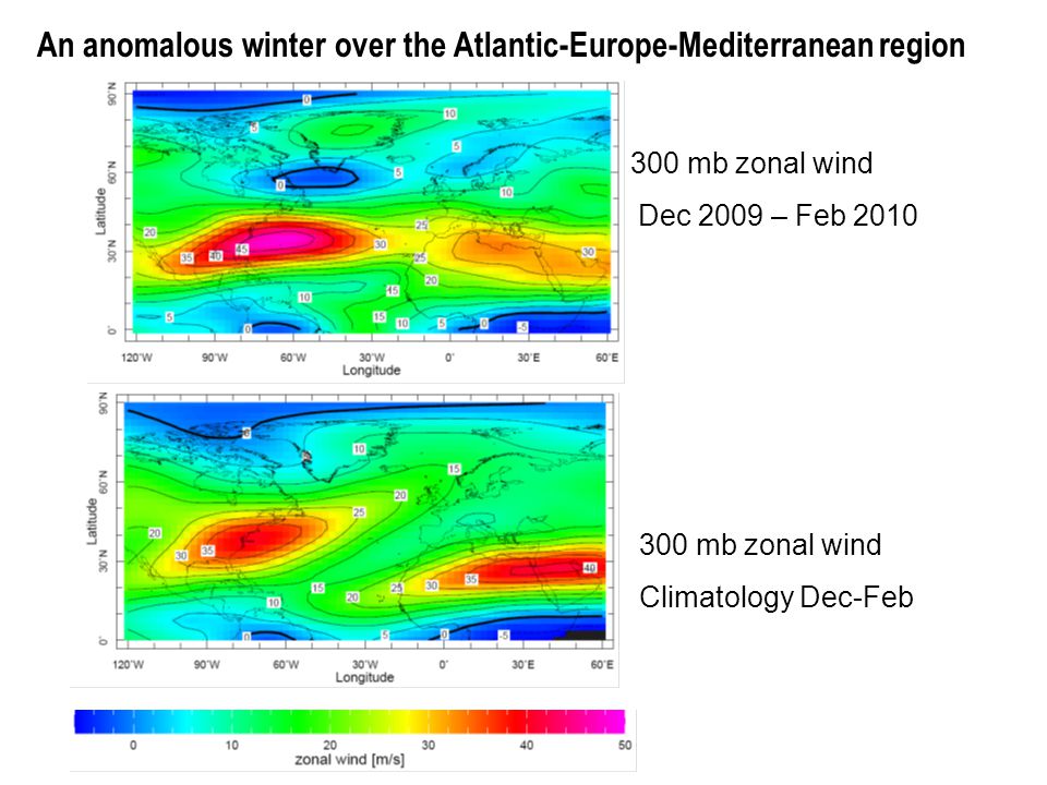 300 mb zonal wind Dec 2009 – Feb mb zonal wind Climatology Dec-Feb An anomalous winter over the Atlantic-Europe-Mediterranean region
