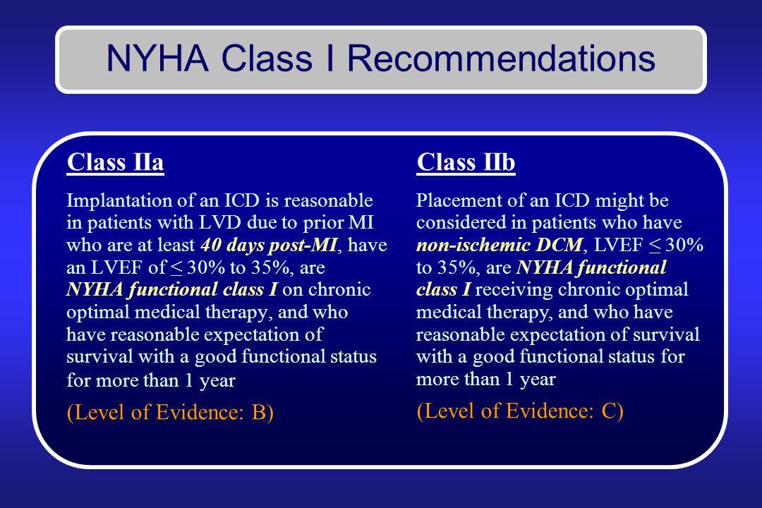 NYHA Class I Recommendations Class IIa Implantation of an ICD is reasonable in patients with LVD due to prior MI who are at least 40 days post-MI, have an LVEF of ≤ 30% to 35%, are NYHA functional class I on chronic optimal medical therapy, and who have reasonable expectation of survival with a good functional status for more than 1 year (Level of Evidence: B) Class IIb Placement of an ICD might be considered in patients who have non-ischemic DCM, LVEF ≤ 30% to 35%, are NYHA functional class I receiving chronic optimal medical therapy, and who have reasonable expectation of survival with a good functional status for more than 1 year (Level of Evidence: C)
