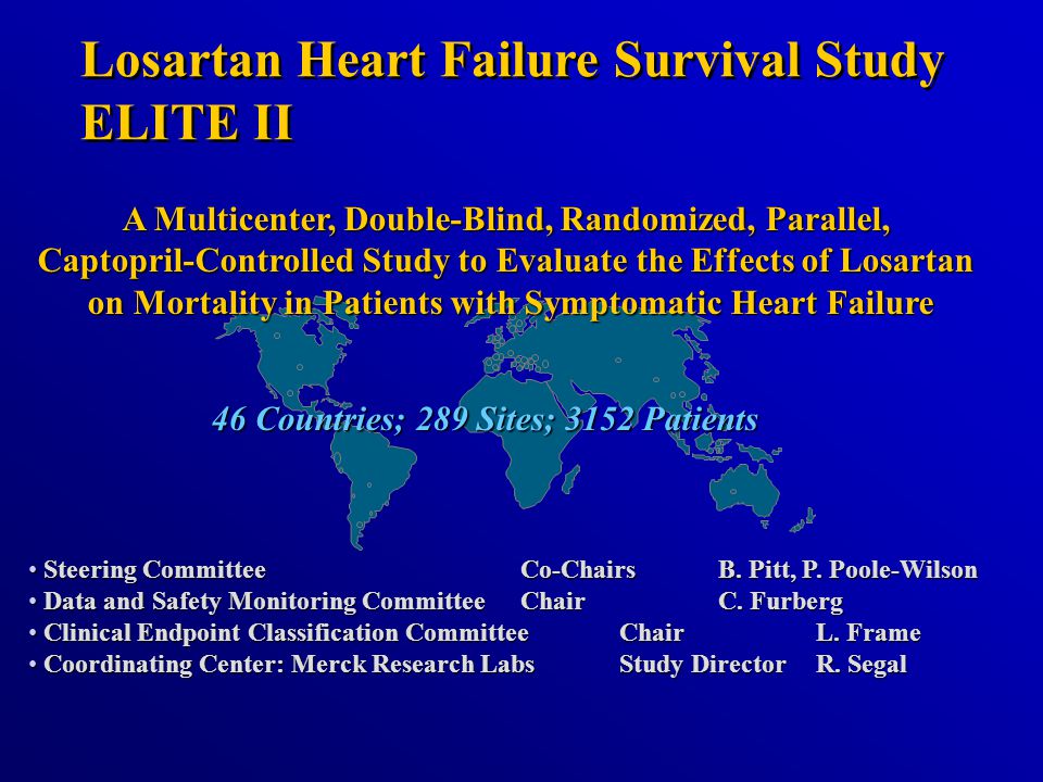 Losartan Heart Failure Survival Study ELITE II Losartan Heart Failure Survival Study ELITE II A Multicenter, Double-Blind, Randomized, Parallel, Captopril-Controlled Study to Evaluate the Effects of Losartan on Mortality in Patients with Symptomatic Heart Failure 46 Countries; 289 Sites; 3152 Patients Steering Committee Co-ChairsB.